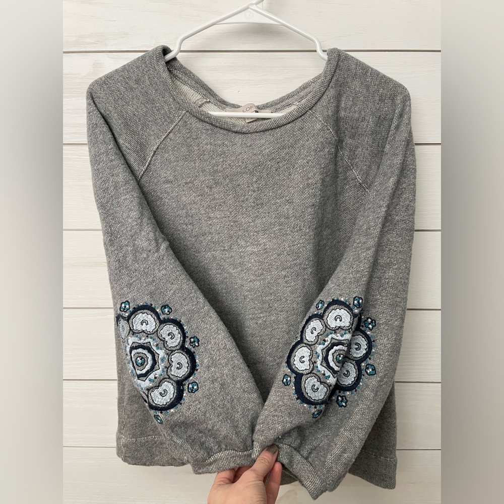 Loft Gray and Blue Embroidered Balloon Sleeve Sweatshirt size Small